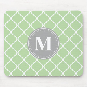 Mint Green Moroccan Lattice Grey Monogram Mouse Pad
