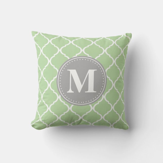 Mint Green Moroccan Lattice Grey Monogram Throw Pillow (Front)