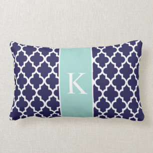 Mint Green Navy Blue Moroccan Custom Monogram Lumbar Pillow