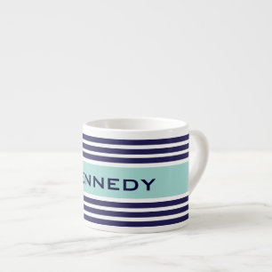 Mint Green & Navy Blue Stripes Custom Monogram Espresso Cup