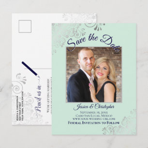 Mint Green & Navy Blue Wedding Save the Date Photo Announcement Postcard