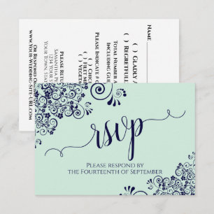 Mint Green & Navy Lace Elegant Calligraphy Wedding RSVP Card
