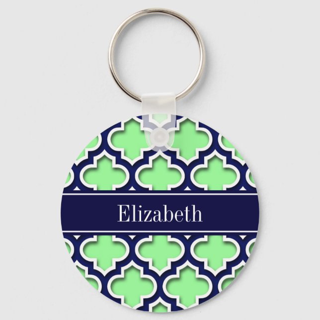 Mint Green, Navy Moroccan #5DS Navy Name Monogram Keychain (Front)