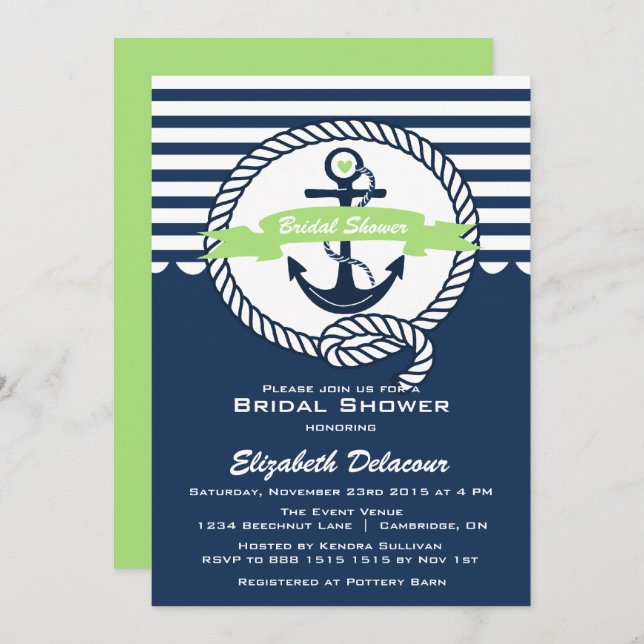 Mint Green Navy Nautical Bridal Shower Invitation (Front/Back)