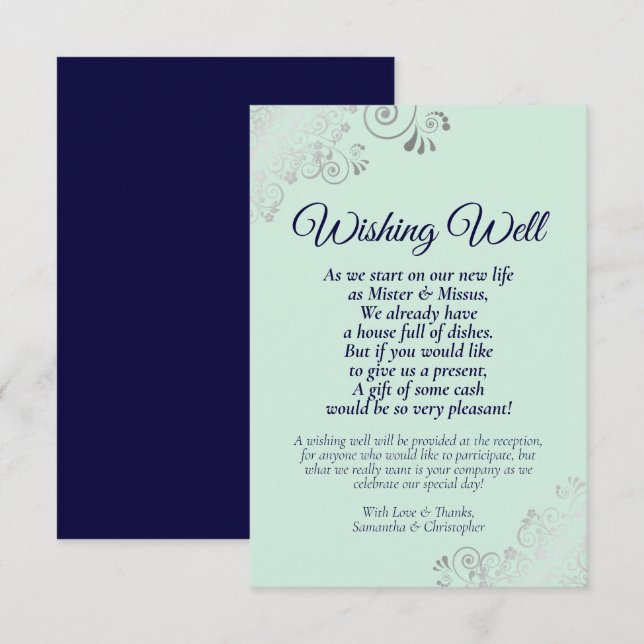 Mint Green & Navy Wedding Wishing Well Poem Enclosure Card (Front/Back)
