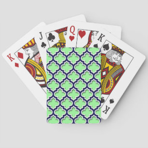 Mint Green Navy White Moroccan Quatrefoil #5DS Playing Cards