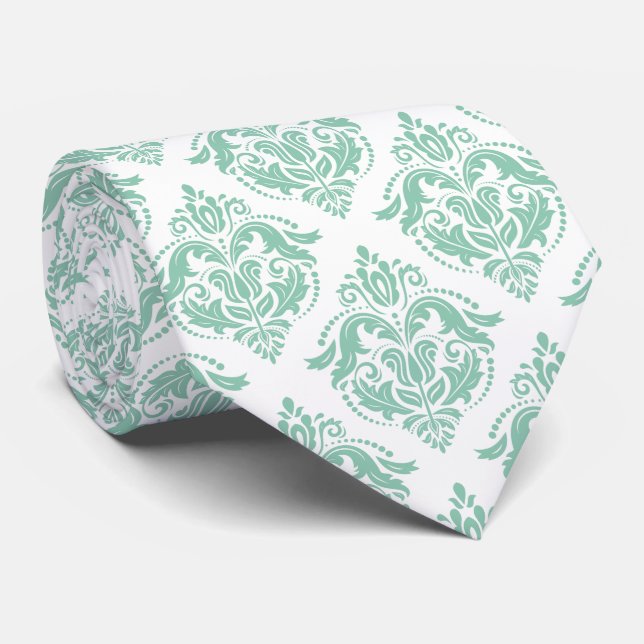 Mint-green on white vintage damask pattern tie (Rolled)