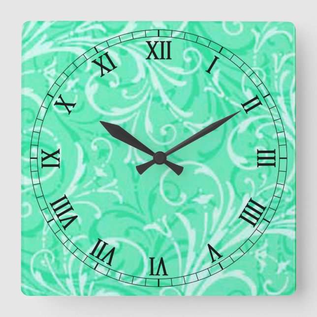 Mint Green Ornamental Square Roman Numerals Clock (Front)