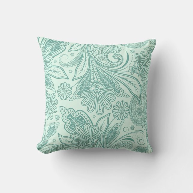 Mint Green Ornate Ethnic Floral Paisley Outdoor Pillow (Front)
