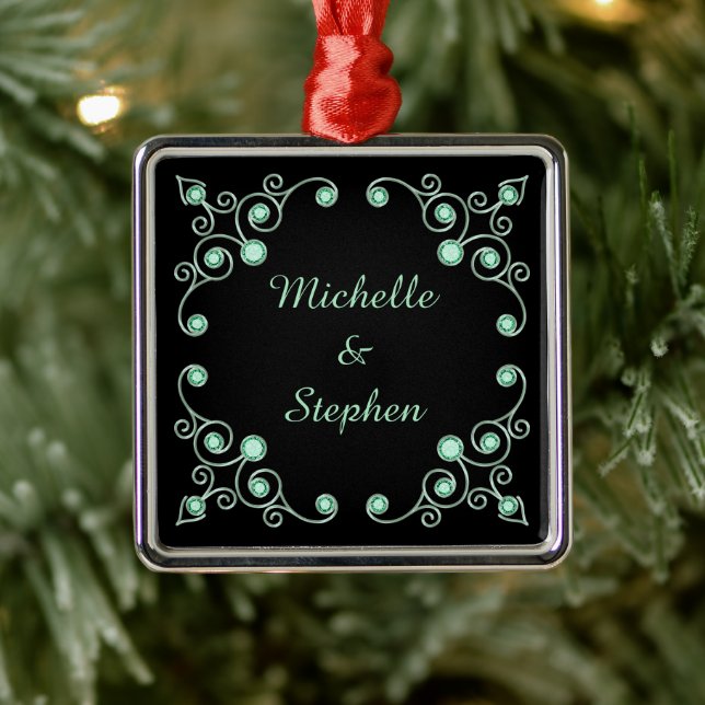 Mint Green Ornate Personalized Metal Ornament (Tree)