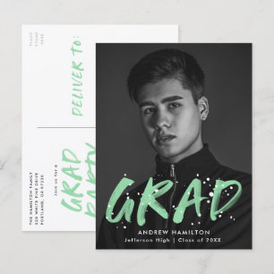 Mint Green Paint Splatter Photo Graduation Party Invitation Postcard