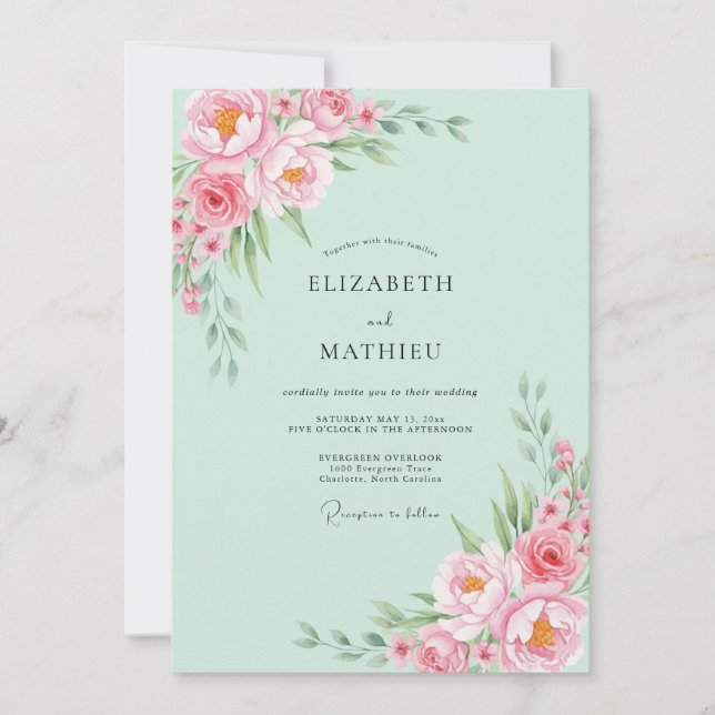 Mint Green Painted Blossom Wedding Invitation (Front)
