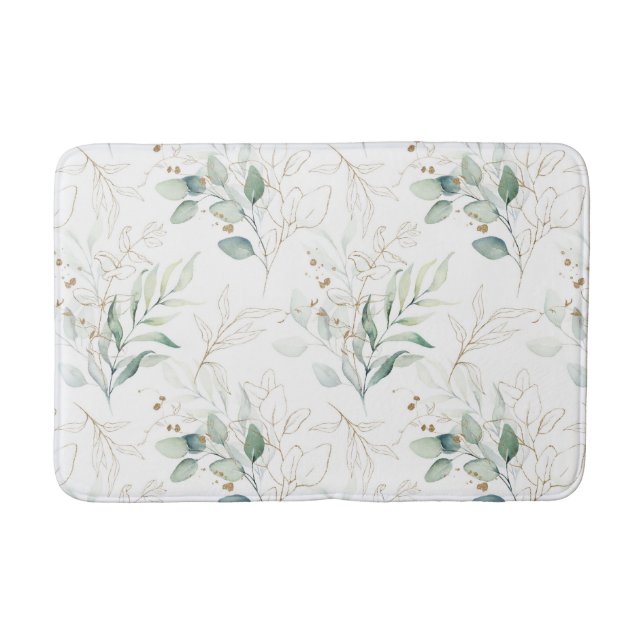 Mint Green Pastel Floral Greenery Pattern Bath Mat (Front)