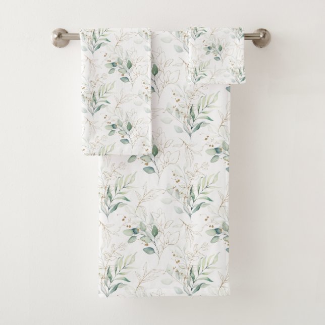 Mint Green Pastel Floral Greenery Pattern Bath Towel Set (Insitu)