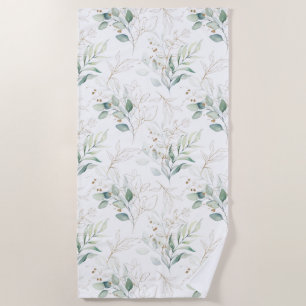 Mint Green Pastel Floral Greenery Pattern Beach Towel