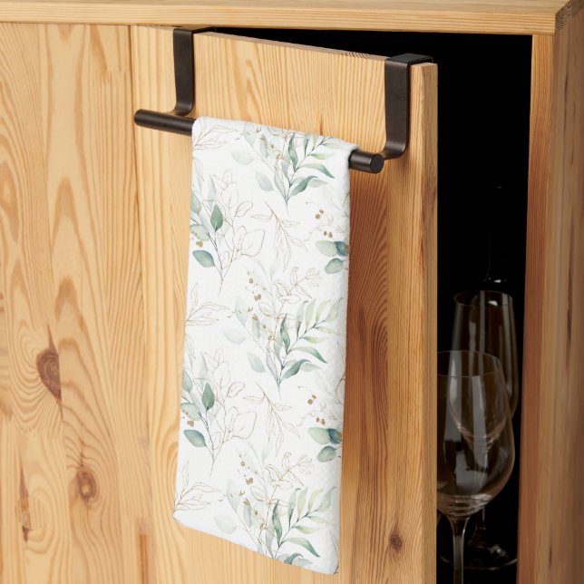 Mint Green Pastel Floral Greenery Pattern Kitchen Towel (Thirds Fold)
