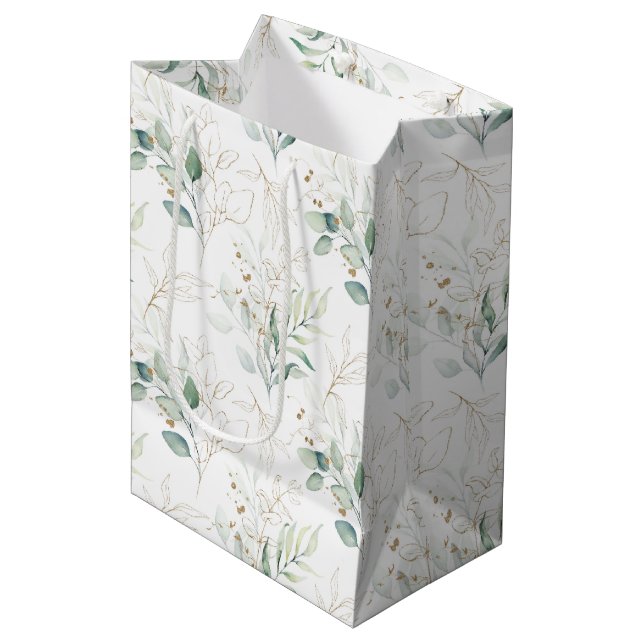 Mint Green Pastel Floral Greenery Pattern Medium Gift Bag (Front Angled)