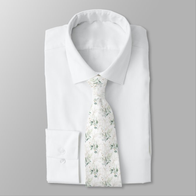 Mint Green Pastel Floral Greenery Pattern Tie (Tied)