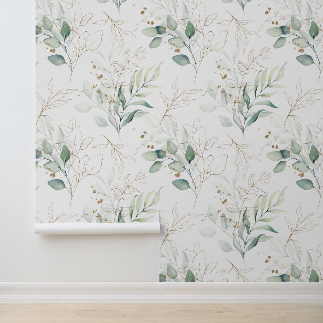 Mint Green Pastel Floral Greenery Pattern Wallpaper (Application)