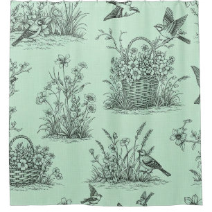 Mint Green Pastoral Toile with Birds and Blossoms