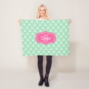 Mint Green Paw Prints And Pink Monogram & Name Fleece Blanket