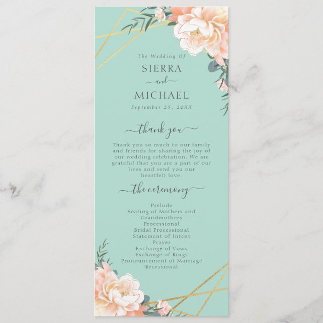 Mint Green Peach Cream Gold Geometric Wedding Program (Front)