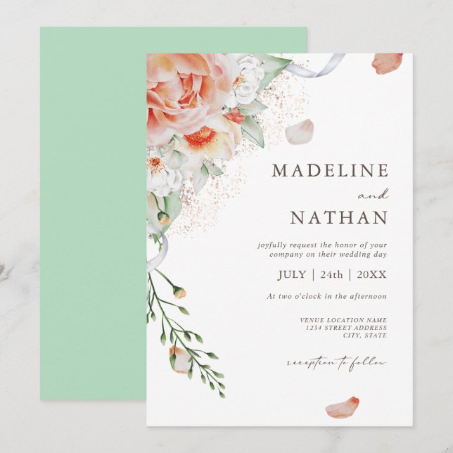 Mint Green, Peach & White Floral Wedding Invitation (Front/Back)