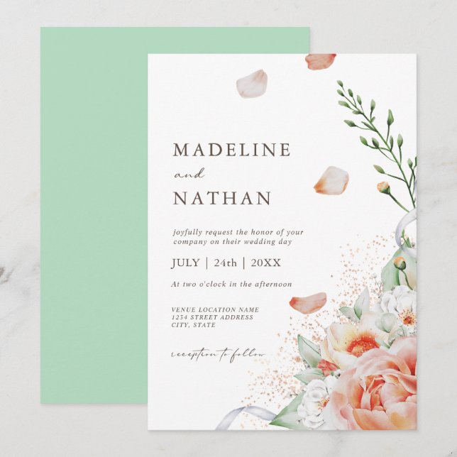 Mint Green, Peach & White Floral Wedding  Invitation (Front/Back)
