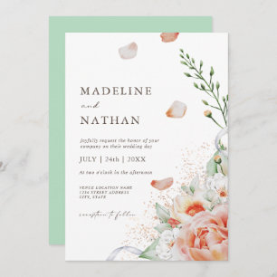 Mint Green, Peach & White Floral Wedding  Invitation