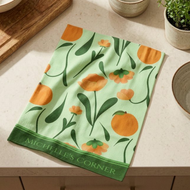 Mint Green Peaches And Flowers Kitchen Towel (Wipe, wash, repeat. Michelle’s Corner custom dish cloth adds floral fun to daily chores.)