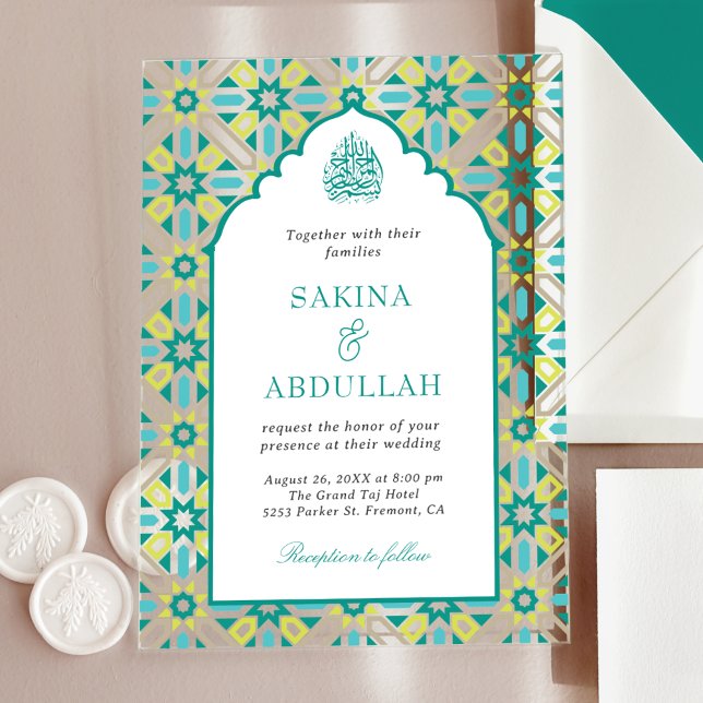 Mint Green Persian Mosaic Muslim Wedding Acrylic Invitations (Creator Uploaded)