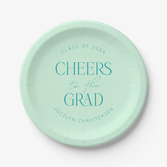 Mint Green Personalized Cheers Grad Party Paper Plate (Front)