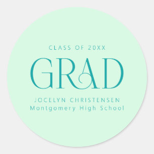 Mint Green Personalized Modern Grad Graduate Classic Round Sticker