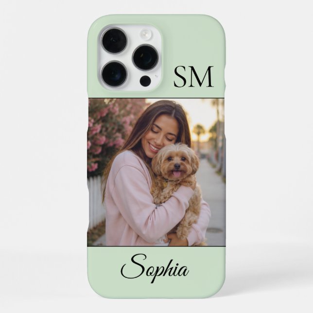 Mint Green Personalized Name Initials One Photo iPhone Case (Back)