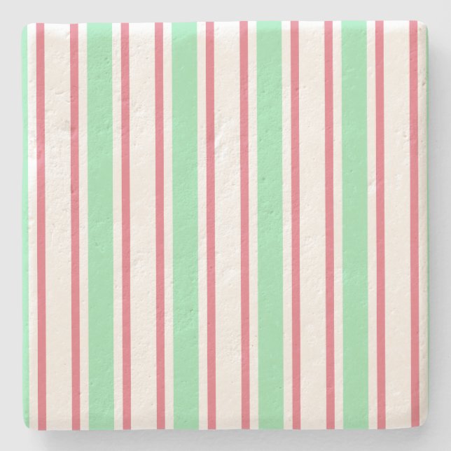 Mint green, pink and white candy stripes stone coaster (Front)