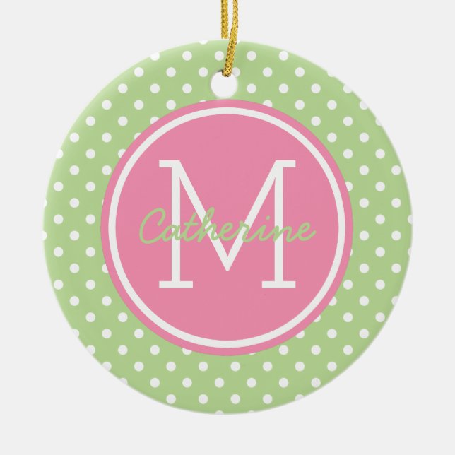 Mint Green Pink and White Polka Dot Monogram Ceramic Ornament (Front)