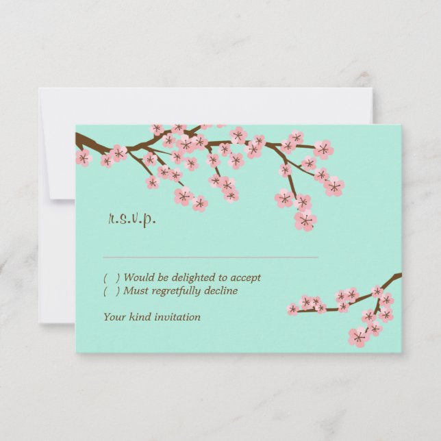 Mint Green & Pink Cherry Blossom Modern RSVP (Front)