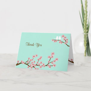 Mint Green & Pink Cherry Blossom Modern Thank You Card