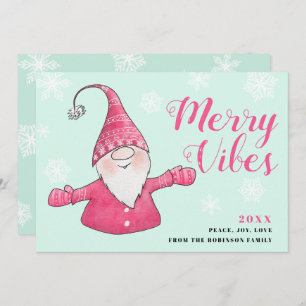 Mint Green Pink Cute Gnome Merry Vibes Christmas Holiday Card