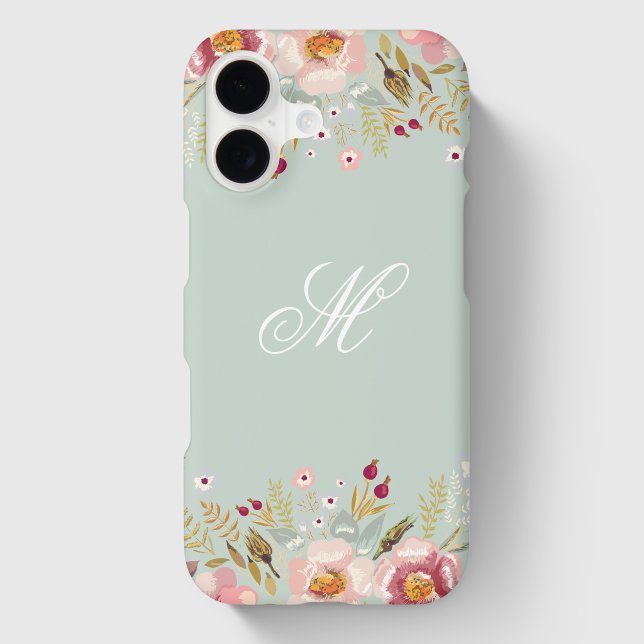 Mint Green Pink Floral Custom Initial Monogram (Creator Uploaded)