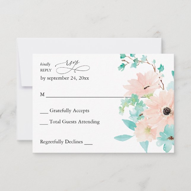 Mint Green & Pink Floral no Meal RSVP Card (Front)