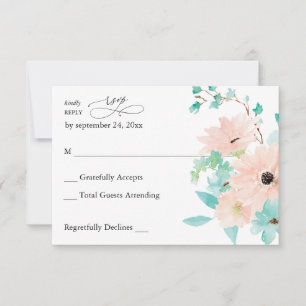 Mint Green & Pink Floral no Meal RSVP Card