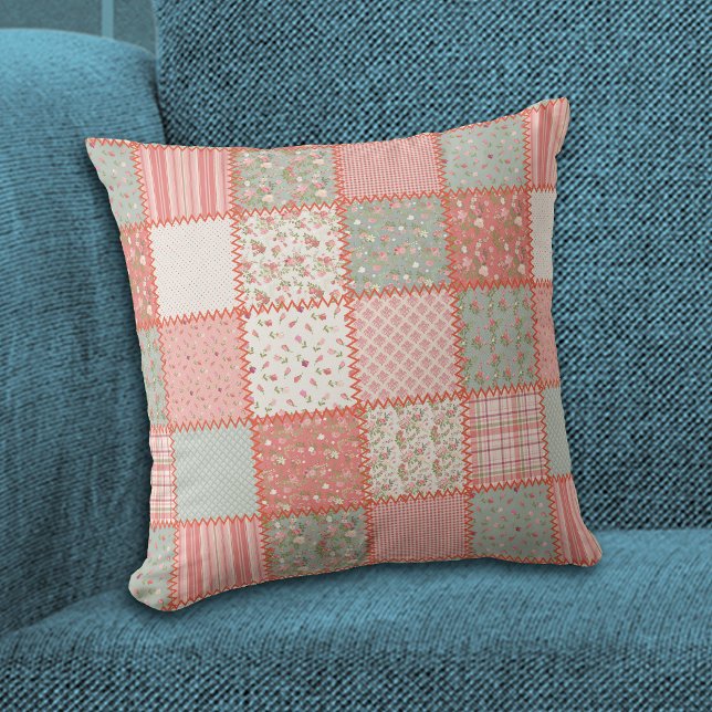 Mint Green Pink Floral Patchwork Quilt Pattern Throw Pillow (Creator Uploaded)