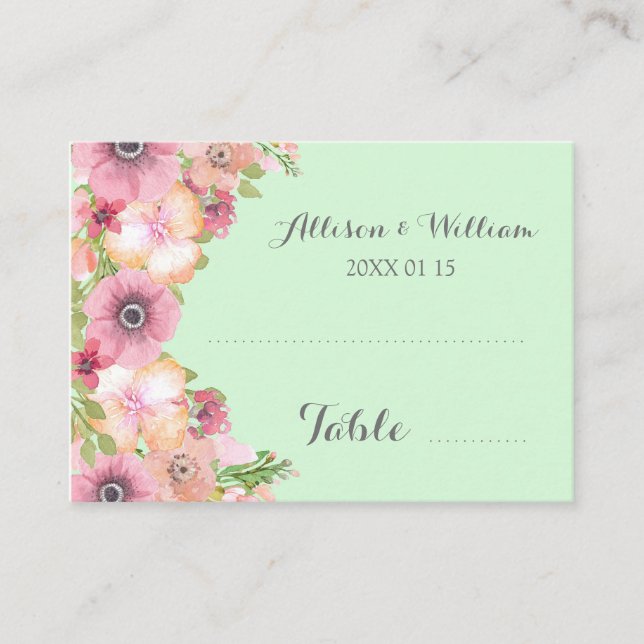 Mint Green Pink Floral Place Setting Cards (Front)
