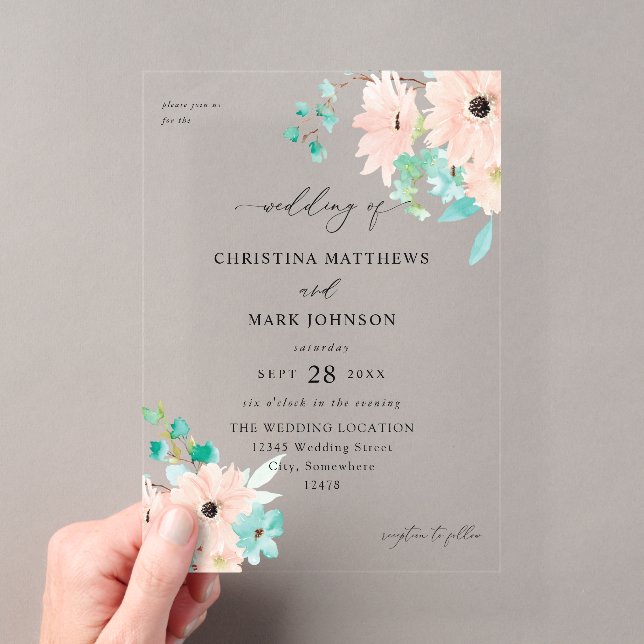 Mint Green & Pink Floral Wedding Acrylic Invitations (Insitu (Handheld))