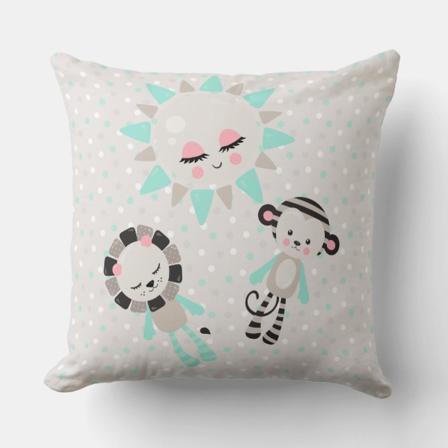 MINT GREEN PINK GRAY & BLACK PLUSH ANIMALS THROW PILLOW (Front)