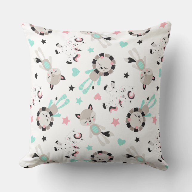 MINT GREEN PINK GRAY & BLACK PLUSH ANIMALS THROW PILLOW (Front)