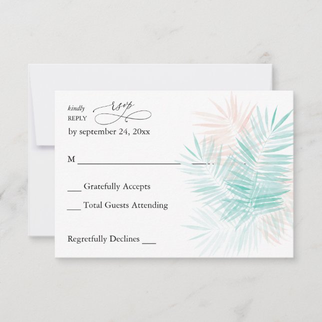 Mint Green & Pink Palm Leaf no Meal RSVP (Front)