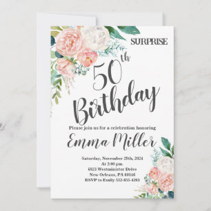 Mint Green & Pink Peonies 50th Birthday Invitation