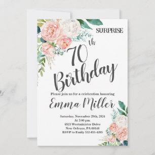 Mint Green & Pink Peonies 70th Birthday Invitation